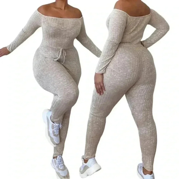 Pretty Little Thing Plus Oatmeal Rib Knitted Bardot Jumpsuit - Picture 1 of 8